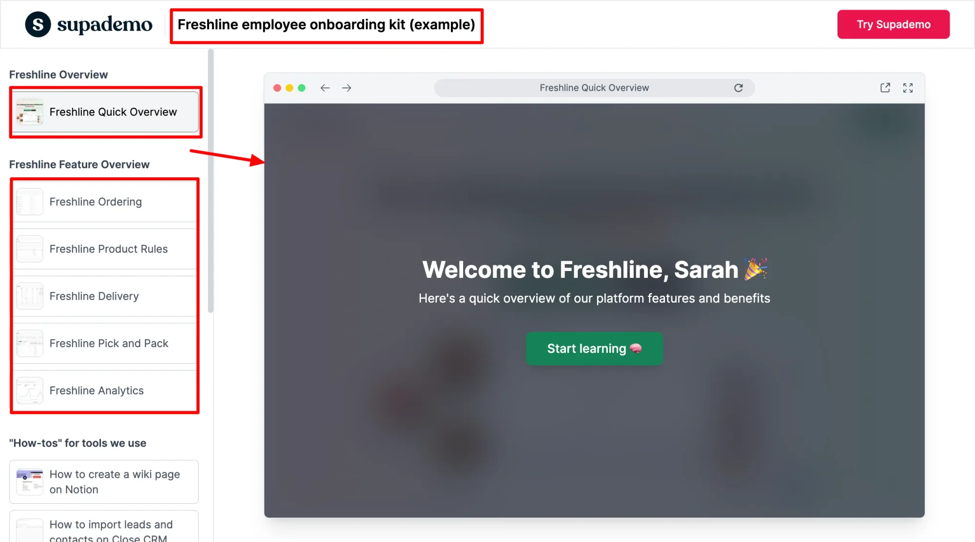 Supademo interface showing Freshline's onboarding kit
