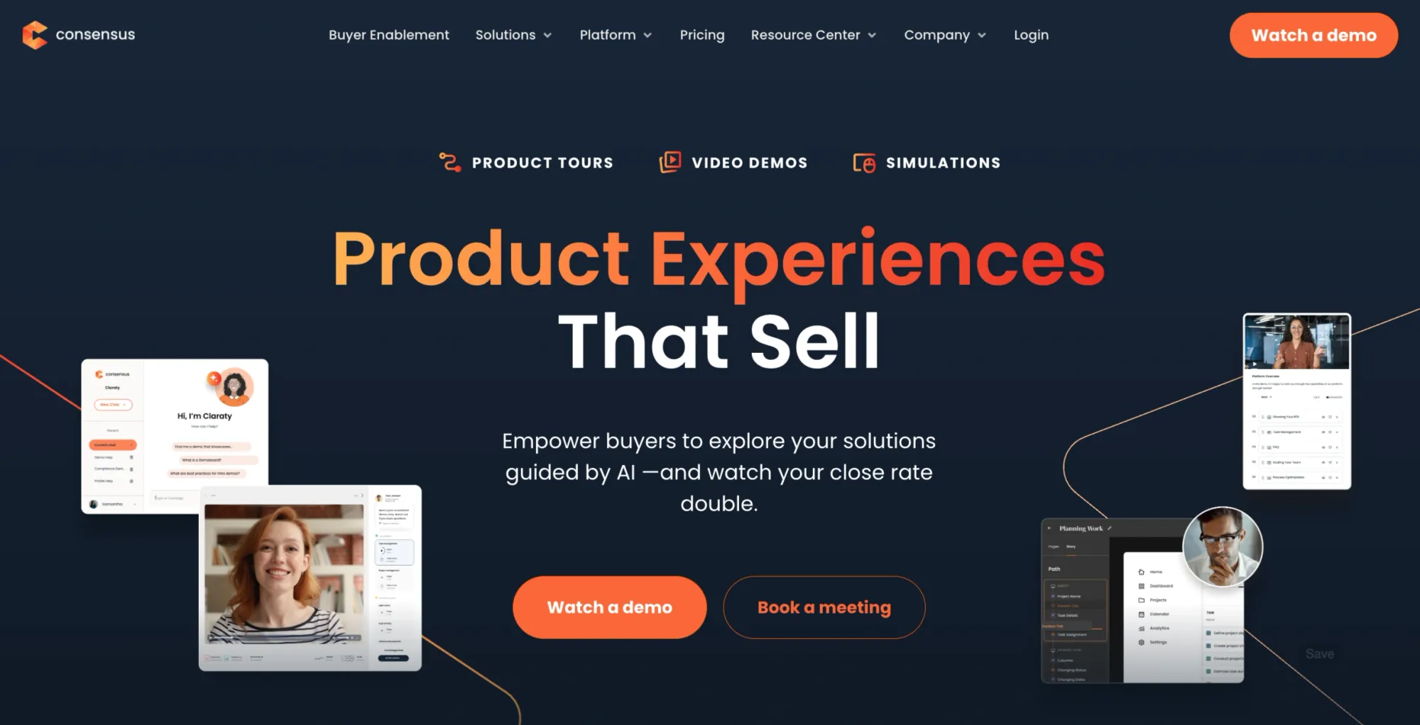 Consensus homepage showing its product demos and key features