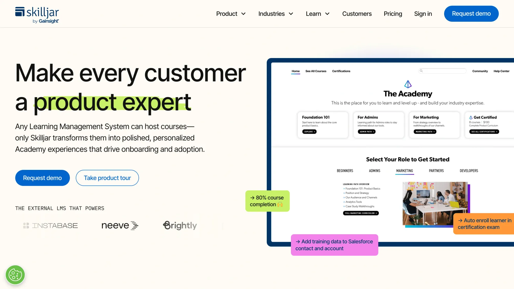 Skilljar academy dashboard with course list and progress details