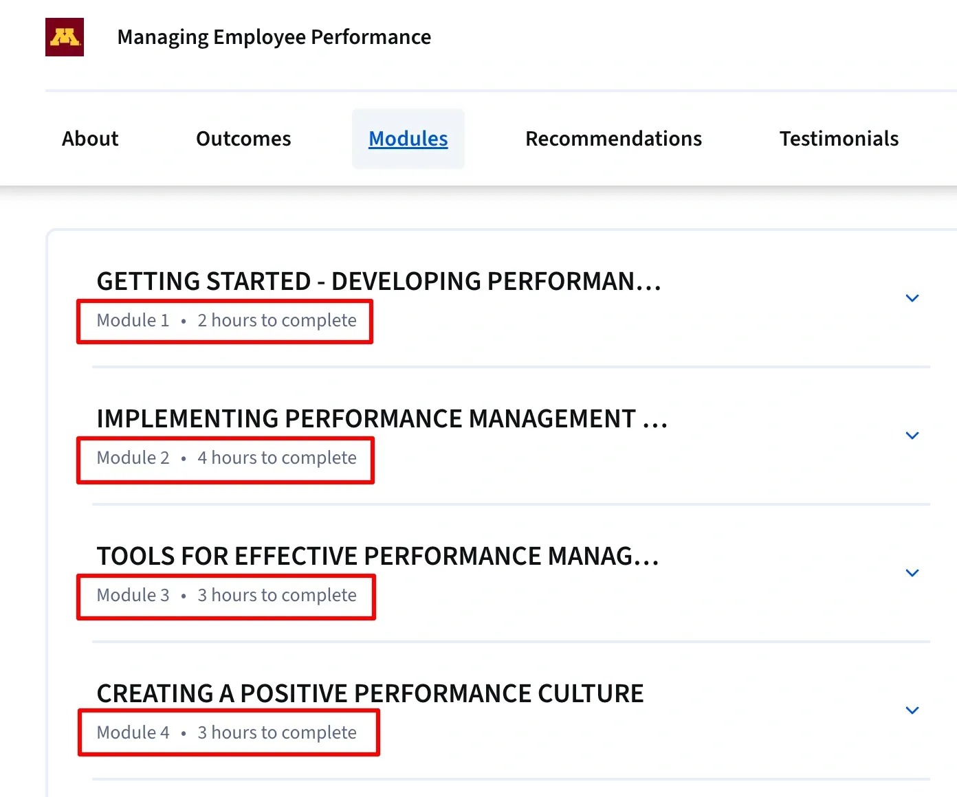 Training modules example from Managing Employee Performance course