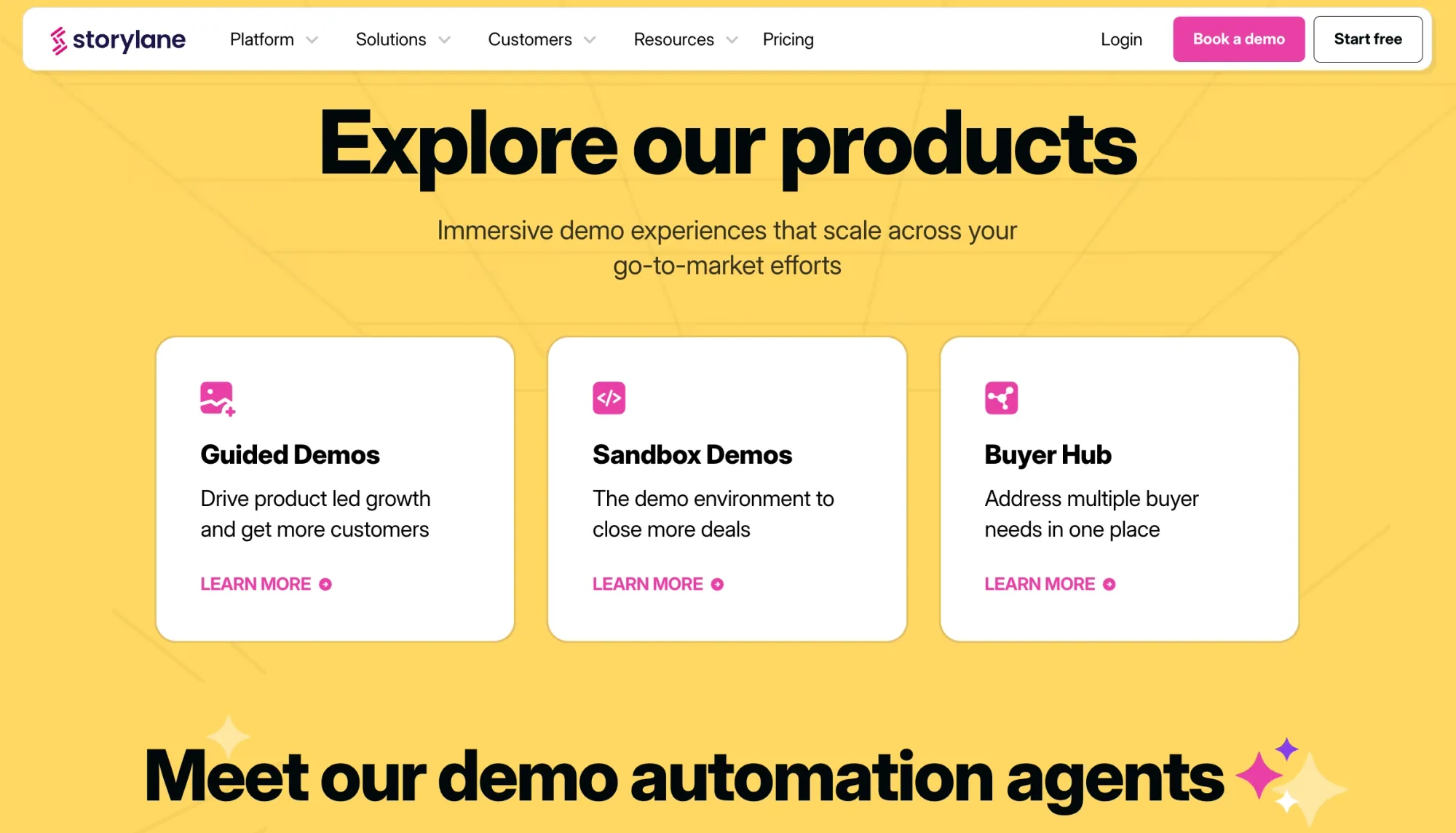 Storylane homepage highlighting its features like guided and sandbox demos