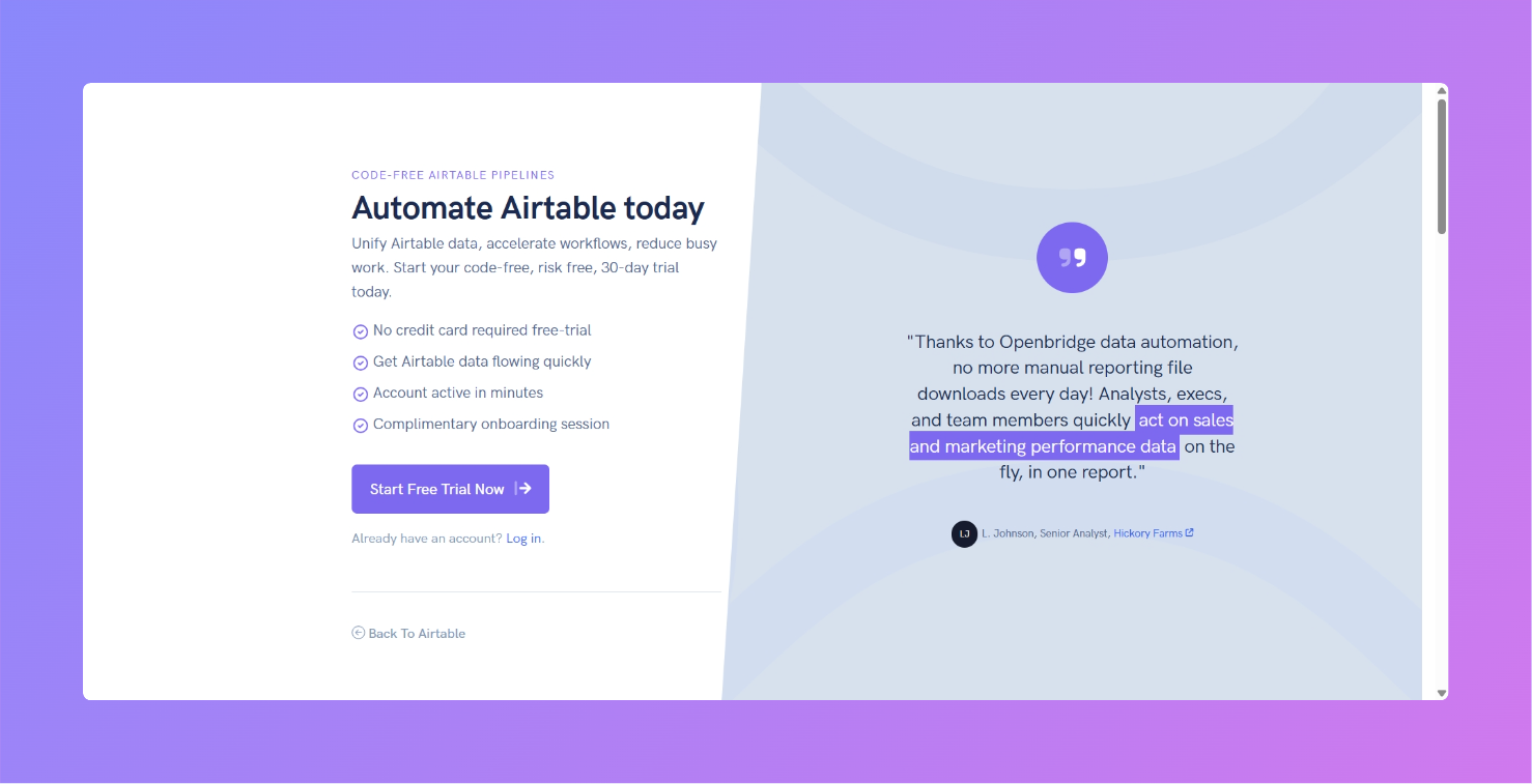 Openbridge offers a 30‑day trial screenshot