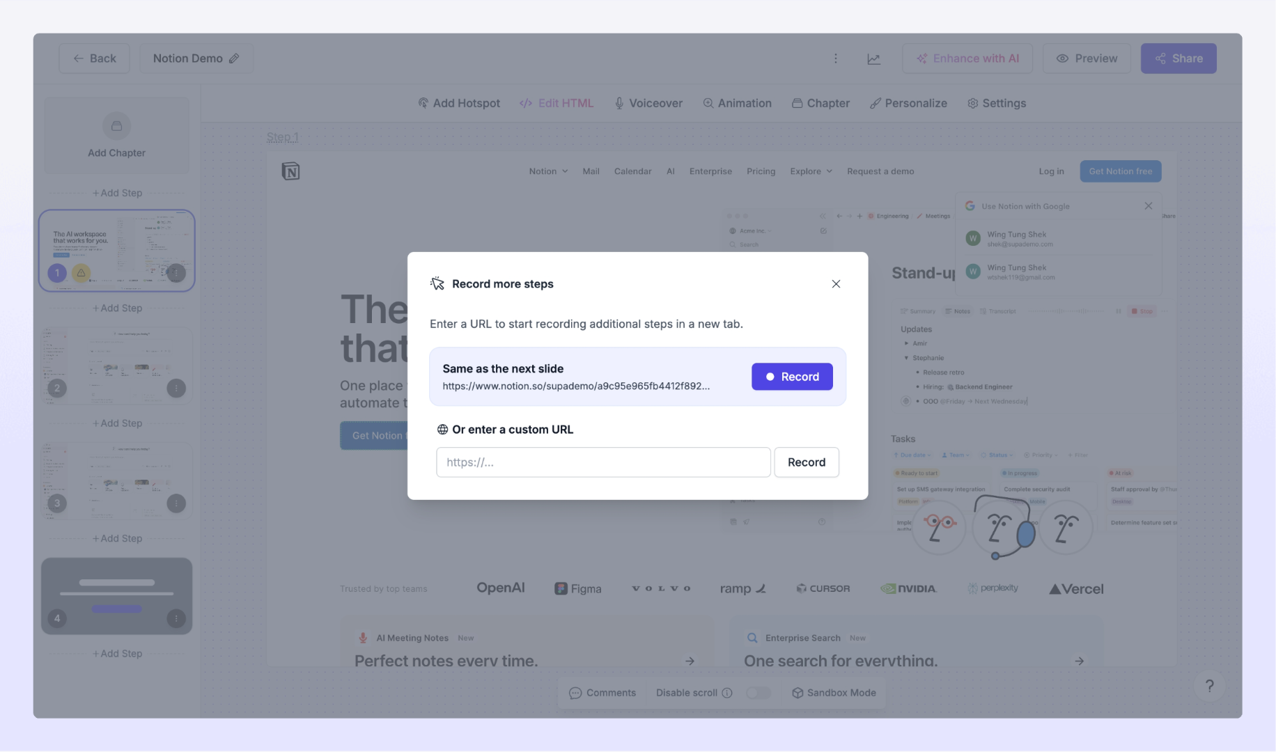 Record more steps in the editor
