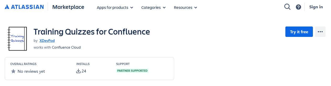 Atlassian Marketplace listing for Training Quizzes for Confluence plugin with install and rating info.
