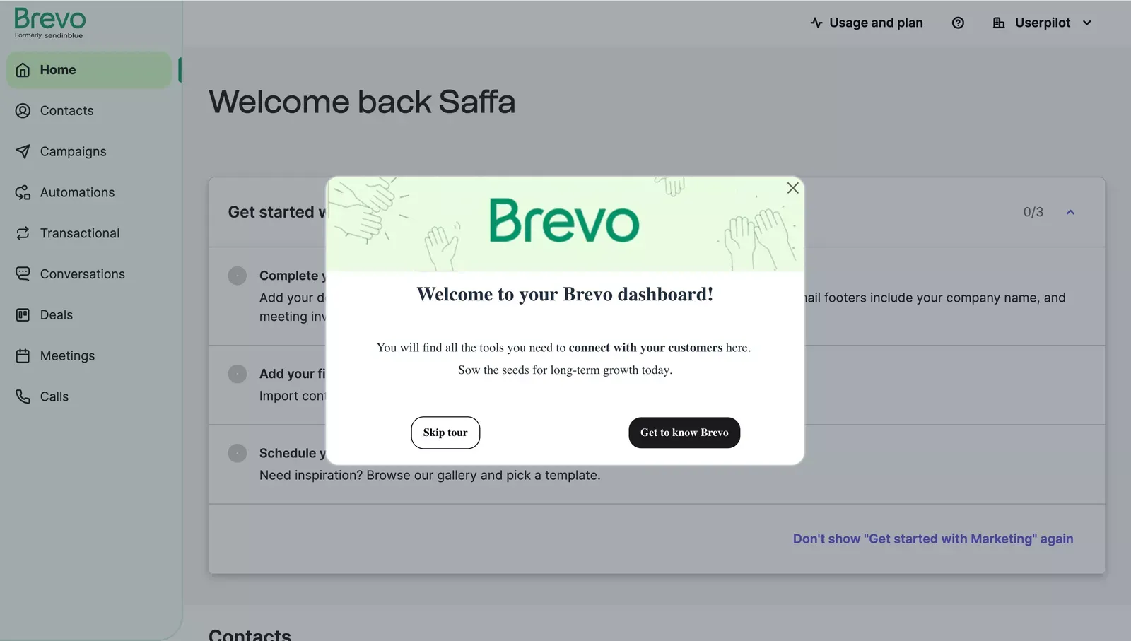 Brevo onboarding popup prompting users to take a guided tour upon login.