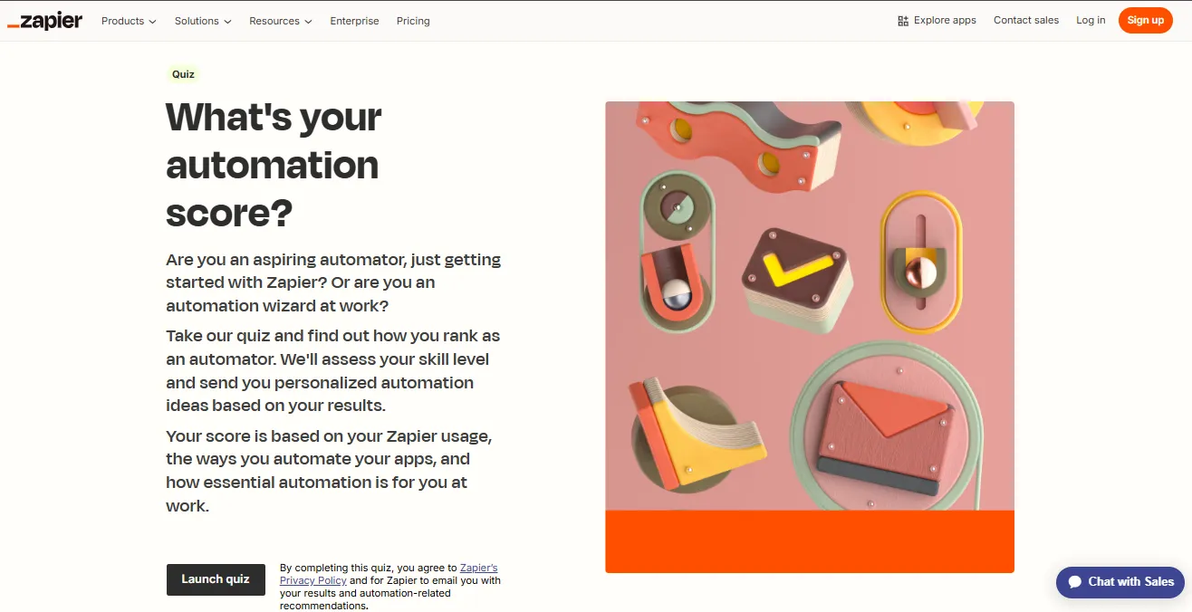 Zapier quiz landing page titled “What’s your automation score?” with quiz launch button and description.