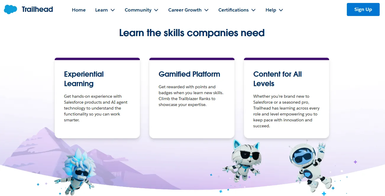 Salesforce Trailhead page showing experiential learning, gamified platform, and all-level content benefits.