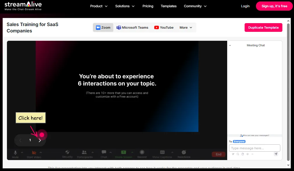 Interactive Zoom session from StreamAlive with 6 audience interactions and real-time engagement prompts.