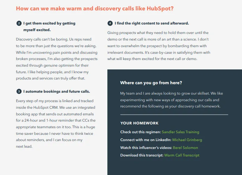 HubSpot tutorial on how to structure discovery calls with tips and homework section.