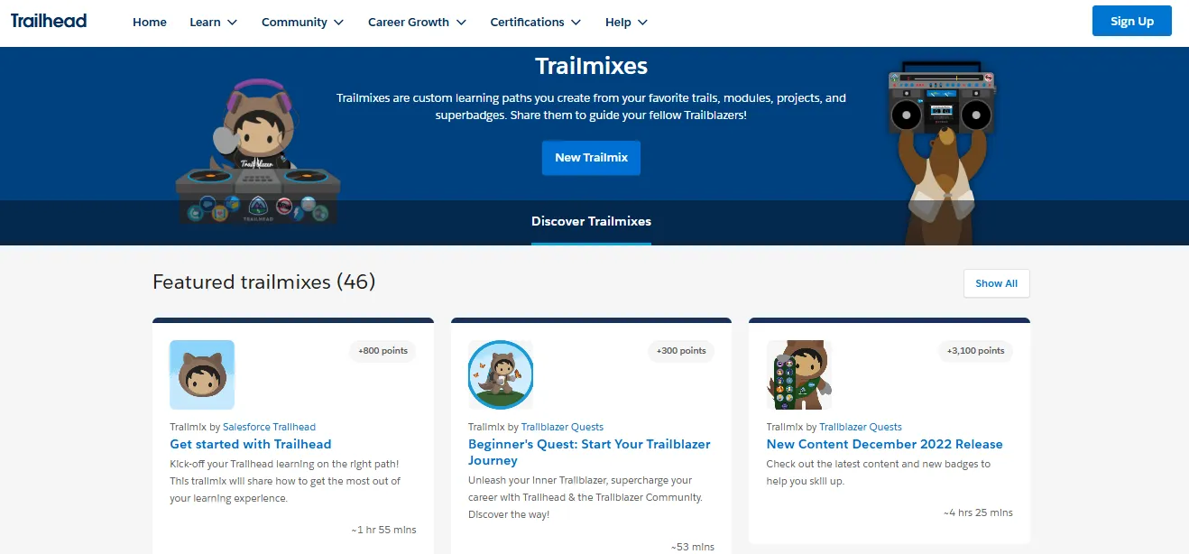 Salesforce Trailhead Trailmixes page displaying featured learning paths and point-based progress.