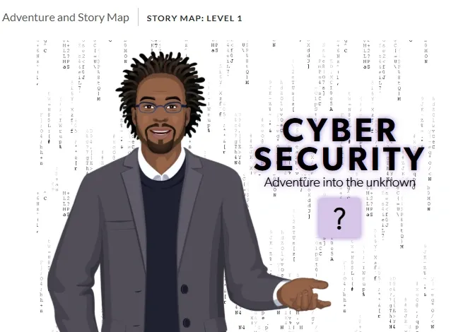 Animated character introduces a gamified cybersecurity course with interactive learning paths and challenges.