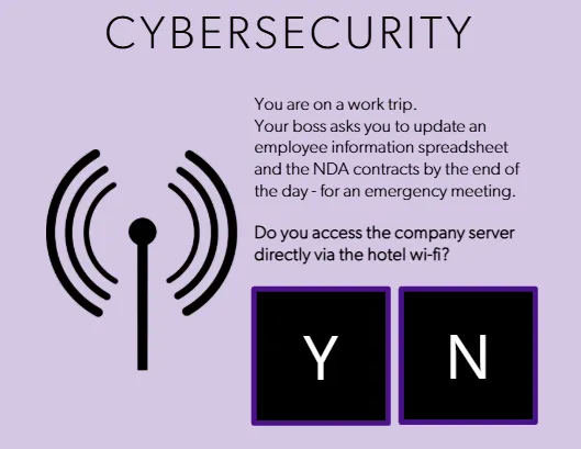 Cybersecurity simulation prompt asking learners to choose whether to access a company server via hotel Wi-Fi.