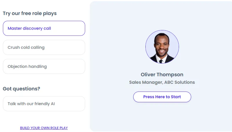 Screenshot showing SecondNature's sales training roleplay with discovery call options and AI interface.
