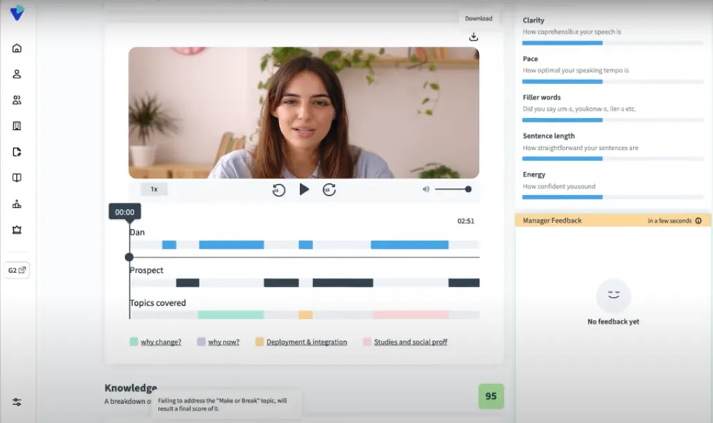 SecondNature dashboard showing sales roleplay video with detailed analytics on speech and feedback categories.