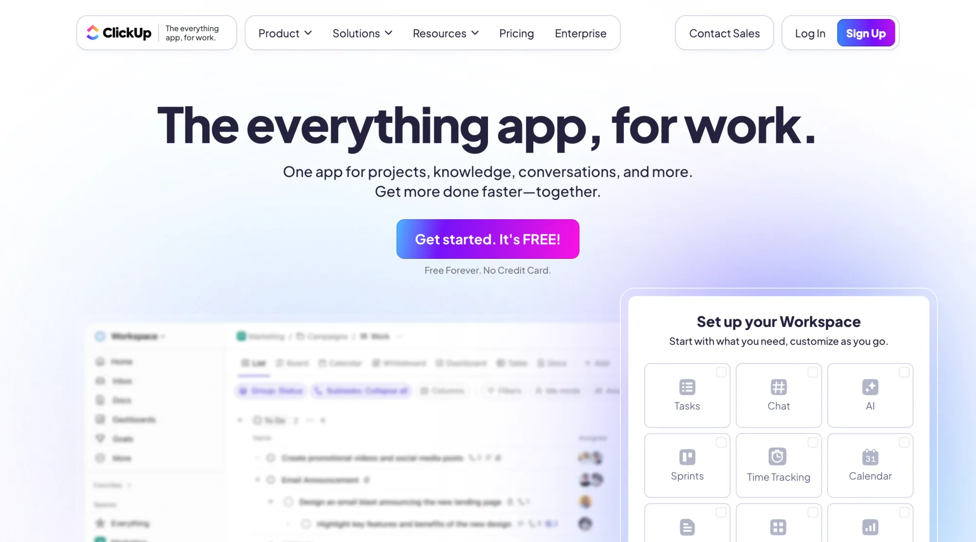 Homepage view of ClickUp showing features to organize the workspace
