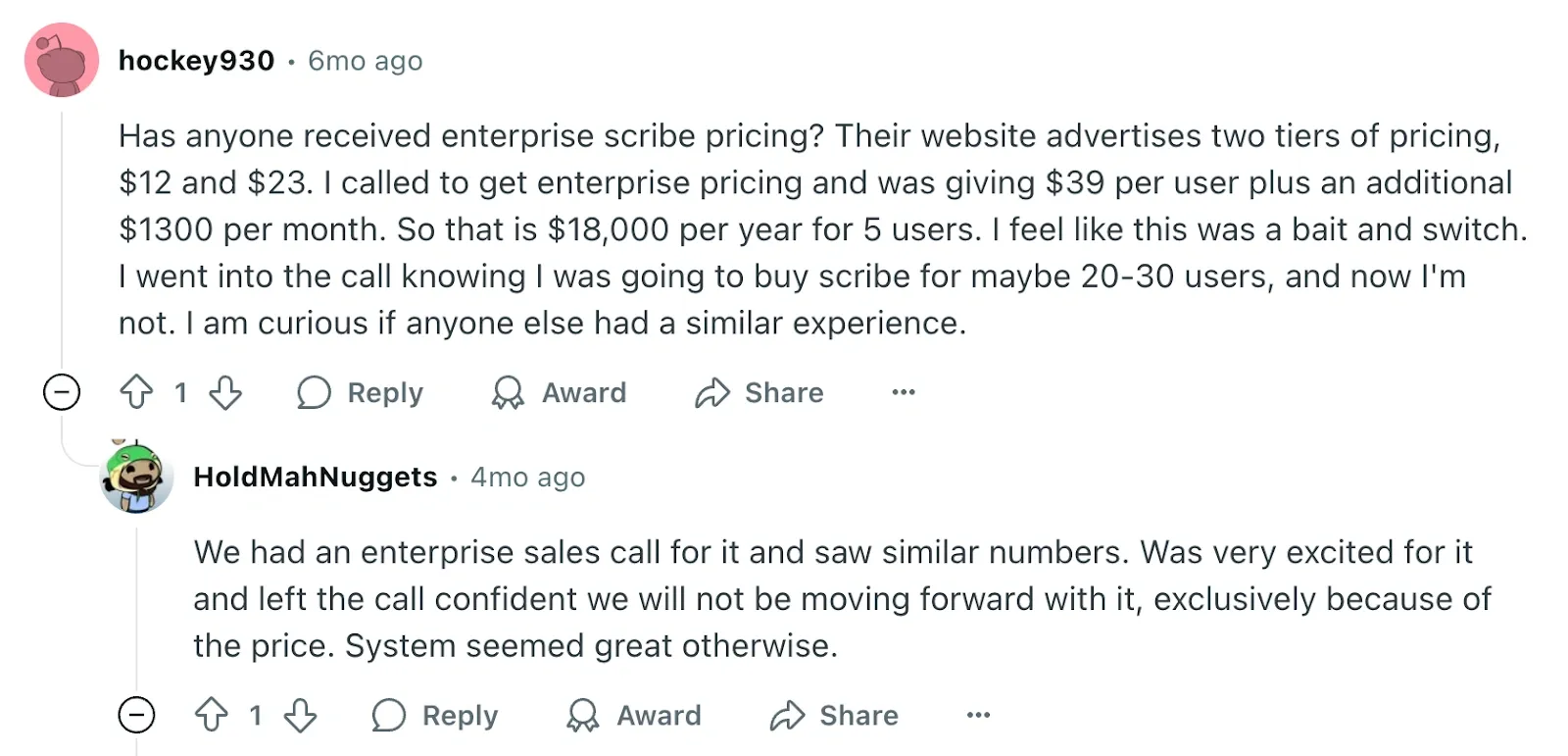 Reddit thread with users discussing higher Scribe enterprise costs