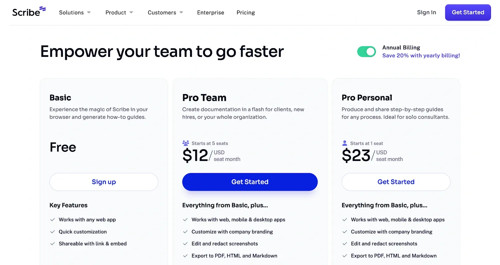Scribe pricing page displaying Basic, Pro Team, and Pro Personal plans