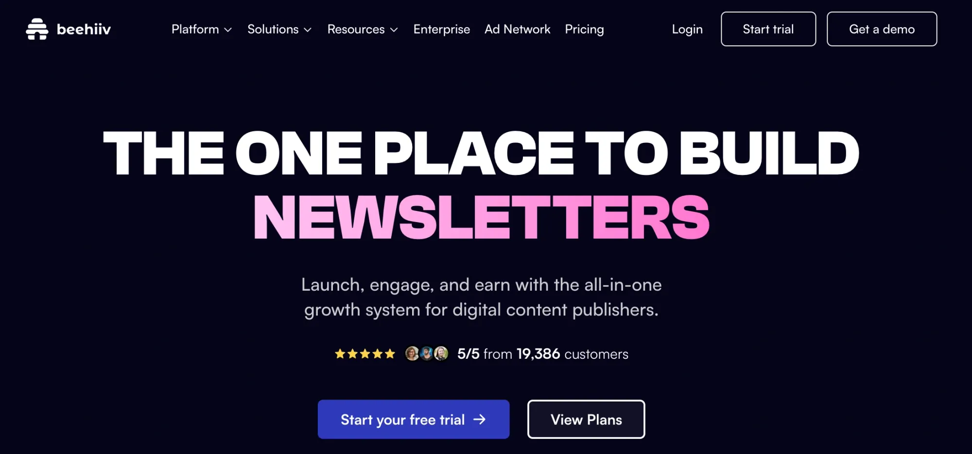 Homepage view of beehiiv’s newsletter growth platform