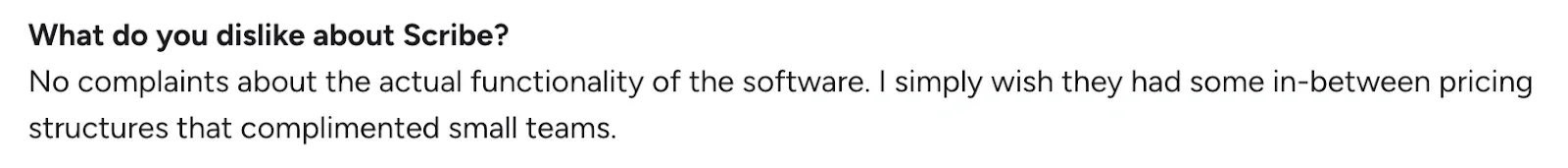 G2 review where a user requests flexible Scribe pricing