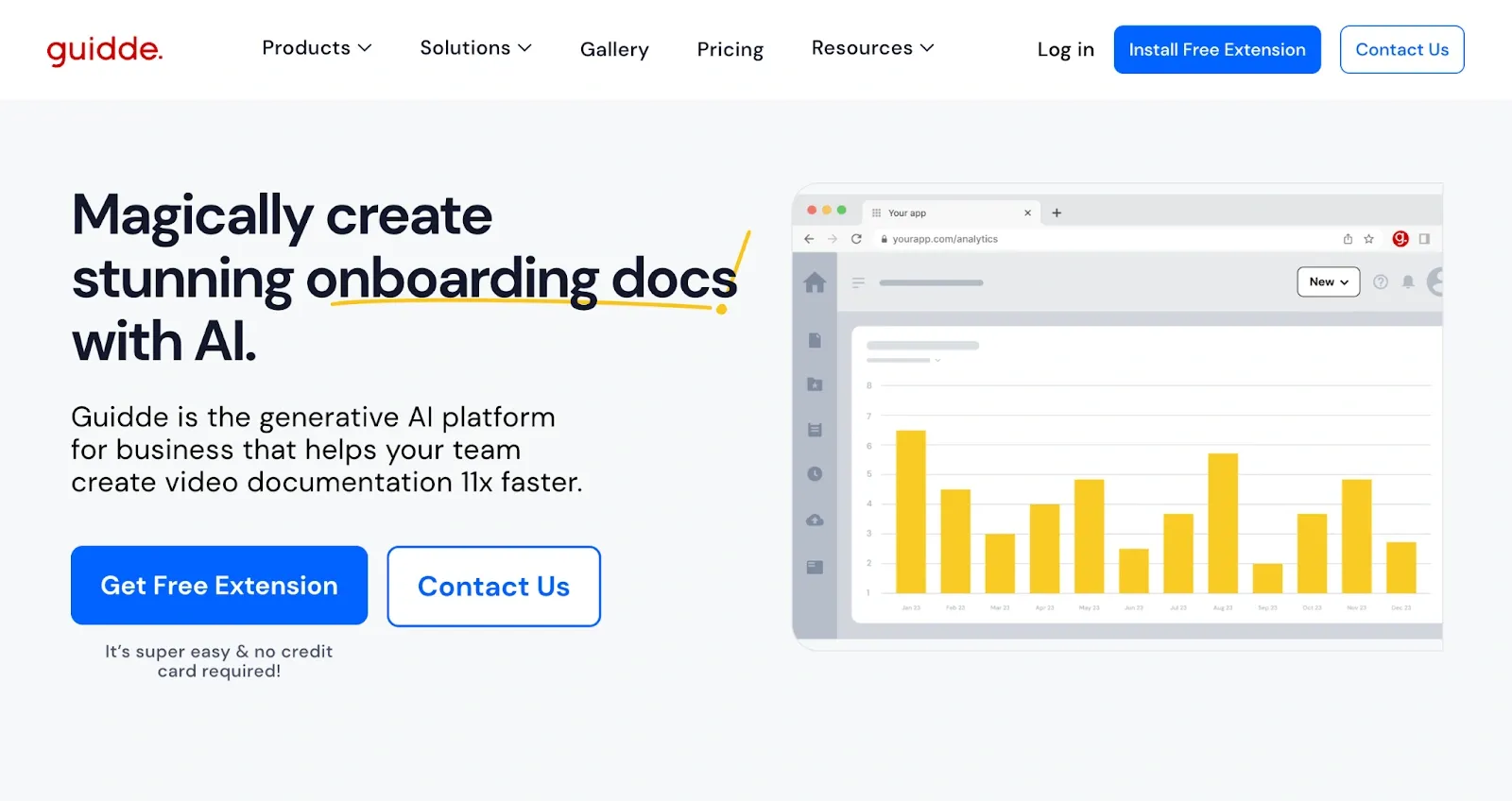 Guidde homepage showing AI-based onboarding documentation creation with charts