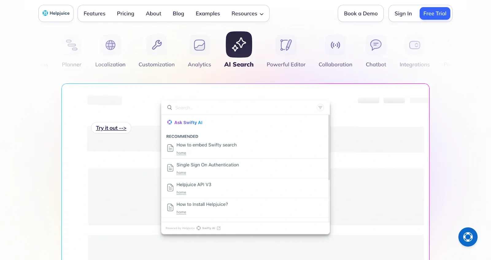 Helpjuice AI-powered search bar suggesting help articles for knowledge base