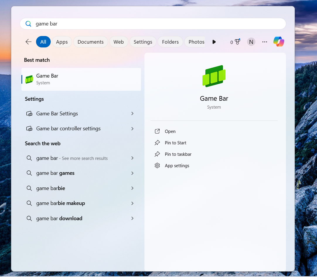 search Game bar on windows