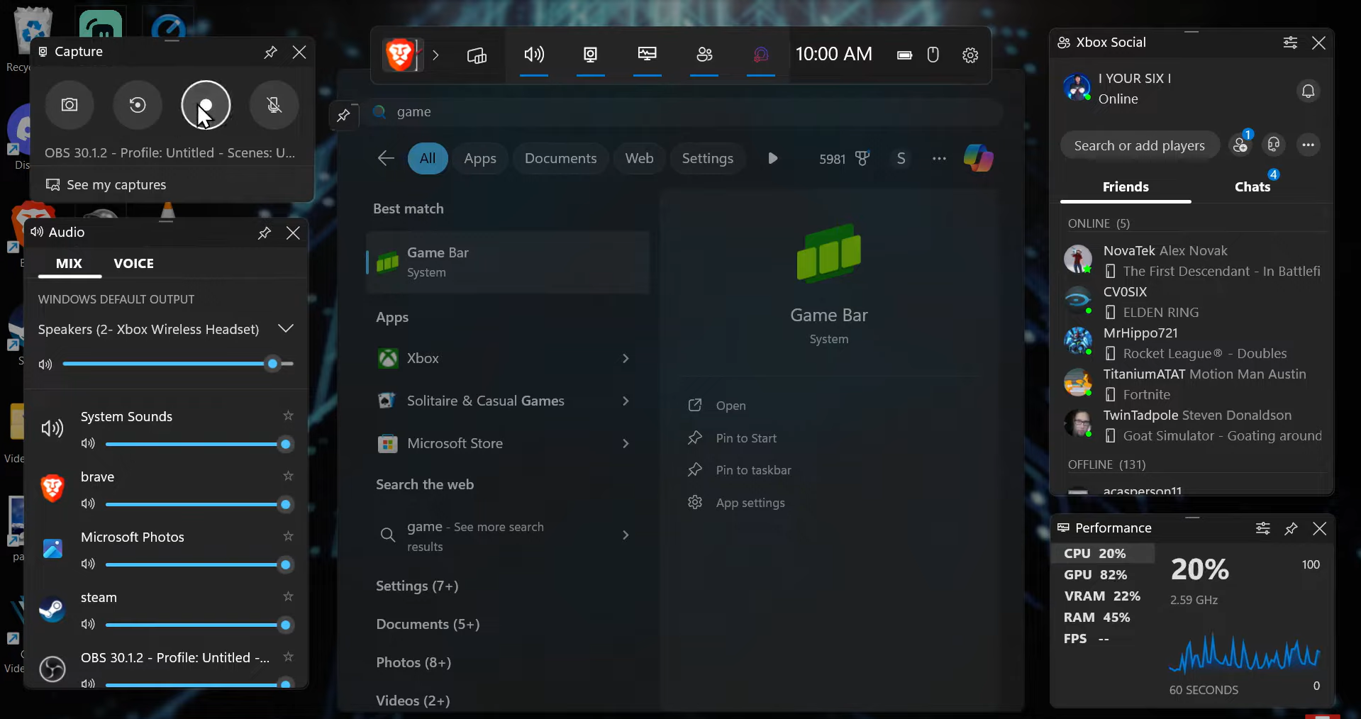 Adjust settings on game bar