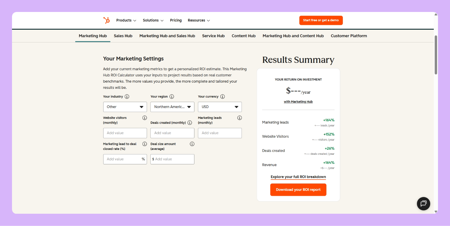 HubSpot Marketing Hub ROI calculator example