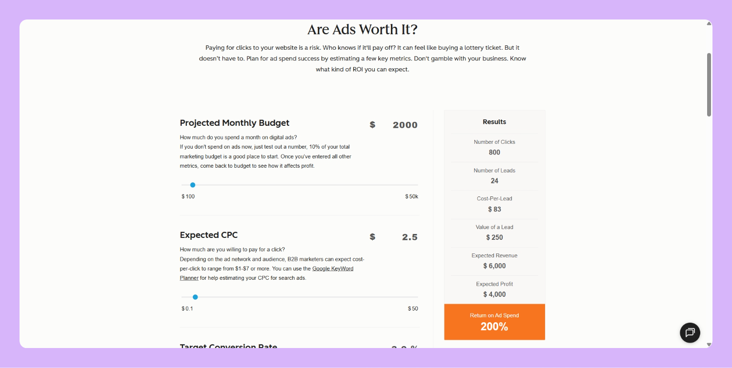 HubSpot Ad spend ROI calculator