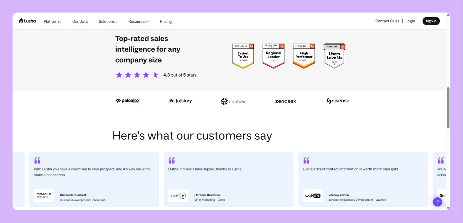 Lusha's pricing page customer testimonial example