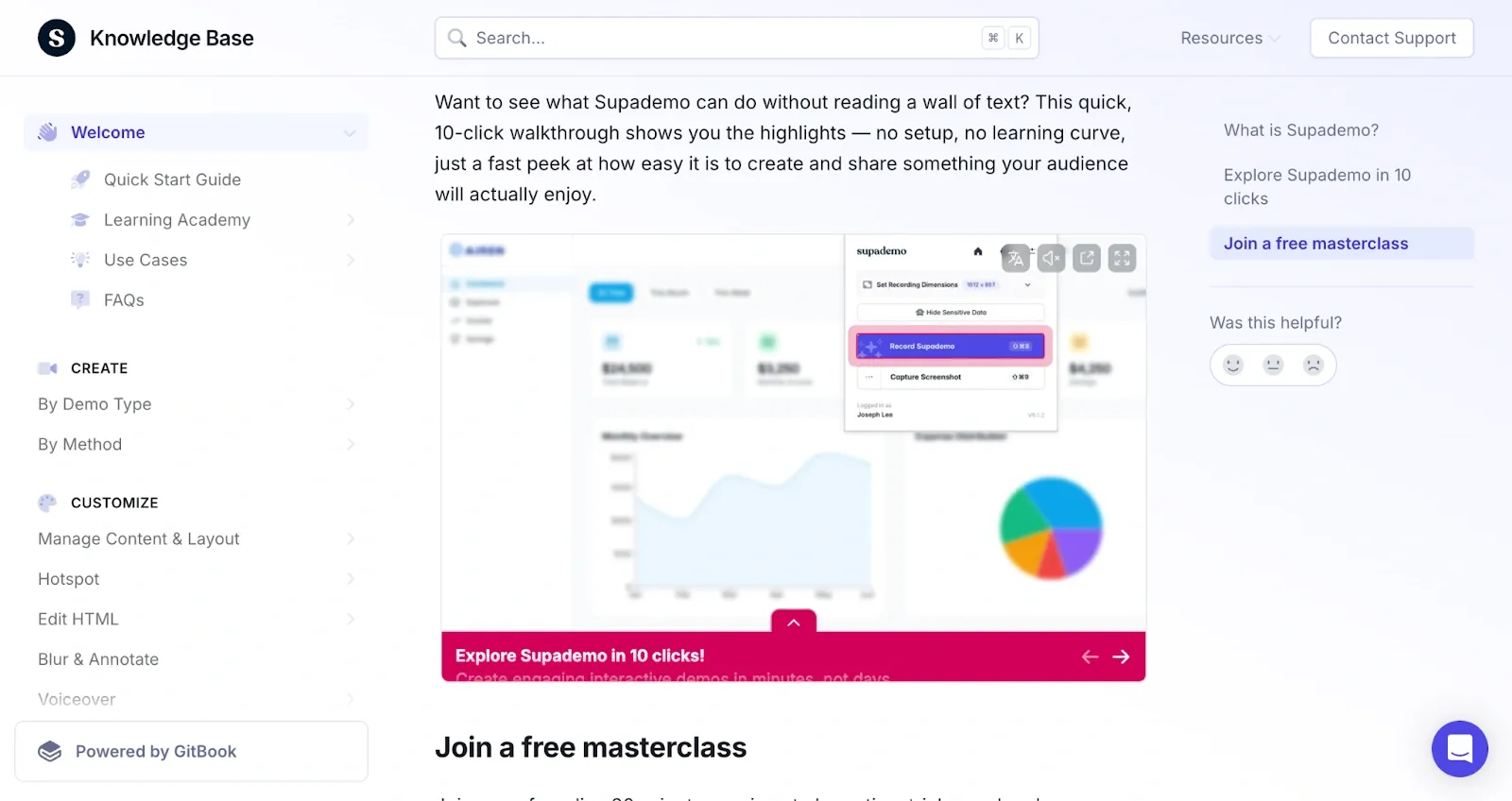 Supademo knowledge base page highlighting a quick interactive walkthrough option