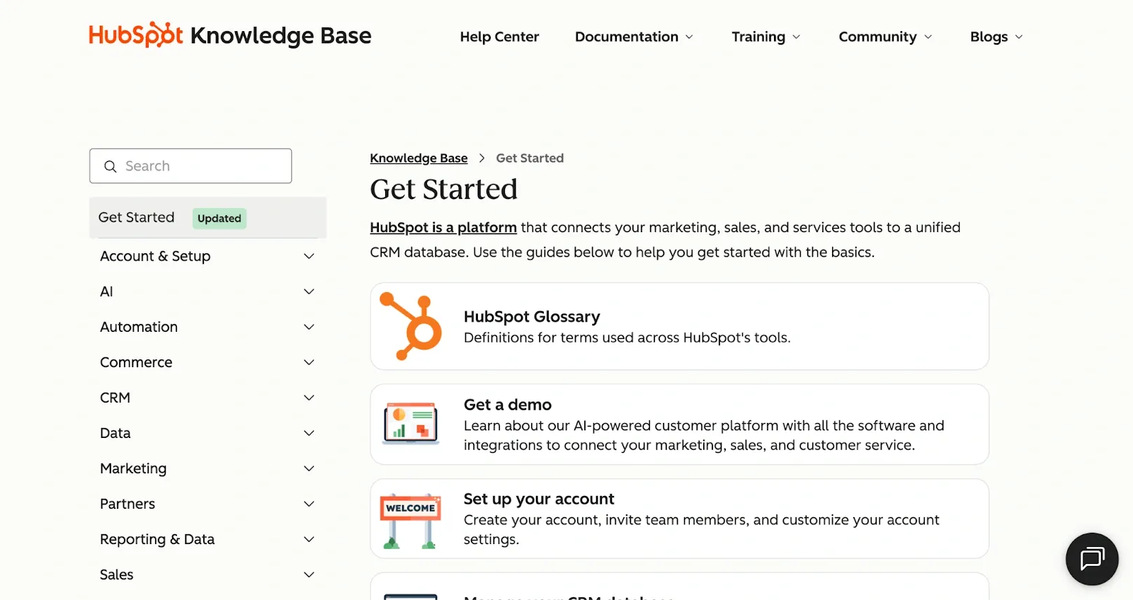 HubSpot knowledge base page showing glossary and setup options