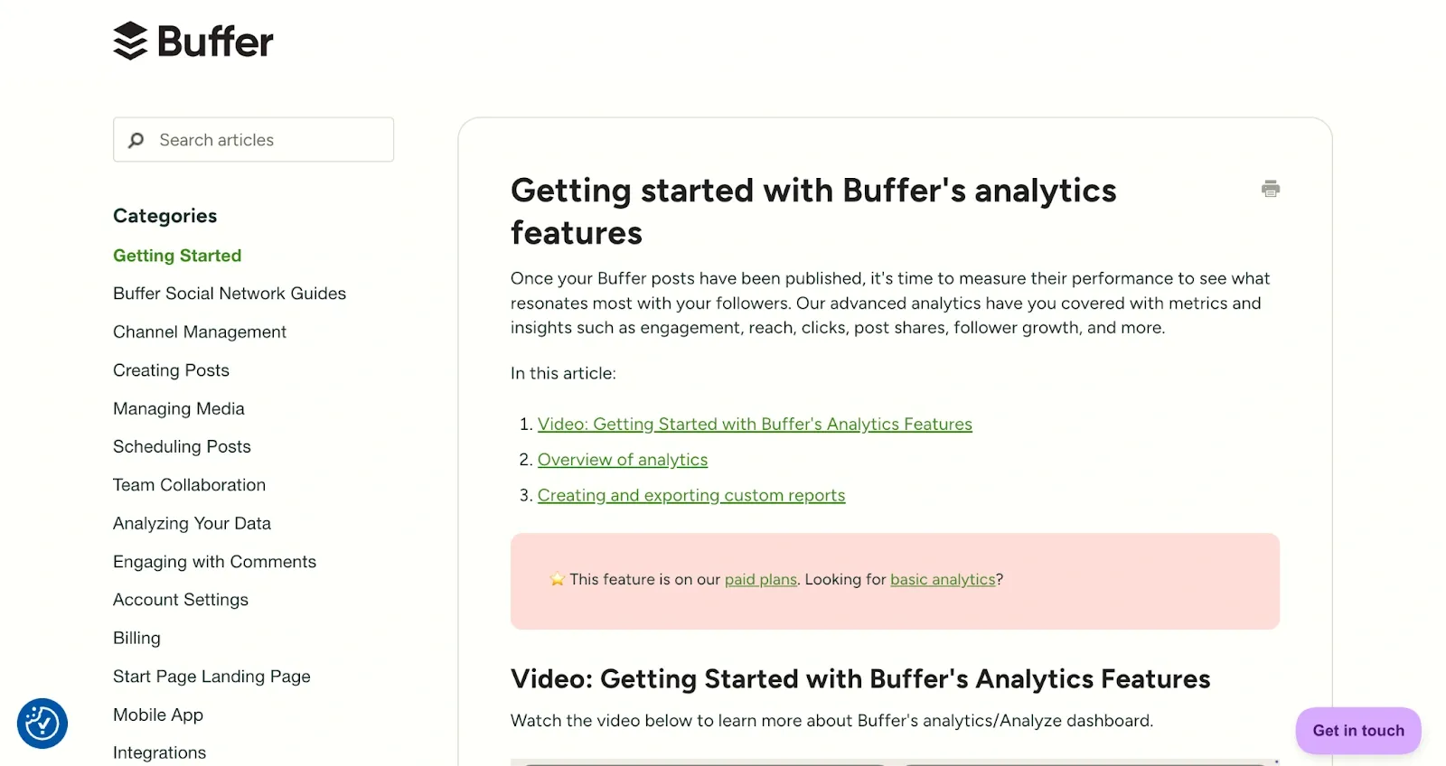 Buffer quick-start guide showing analytics setup and insights