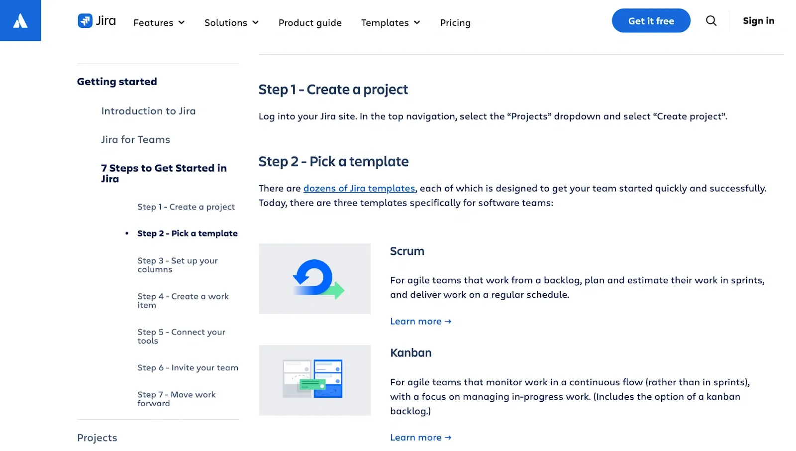 Jira step-by-step guide page showing Scrum and Kanban setup options