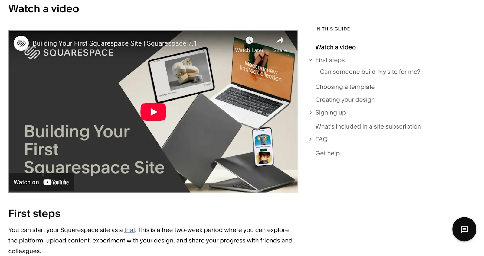 Squarespace help center with embedded tutorial video