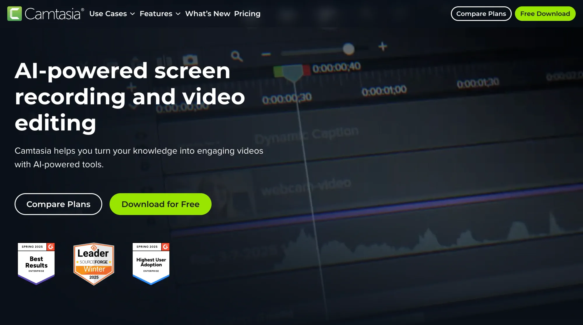 Camtasia website featuring screen recording and video editing with AI tools
