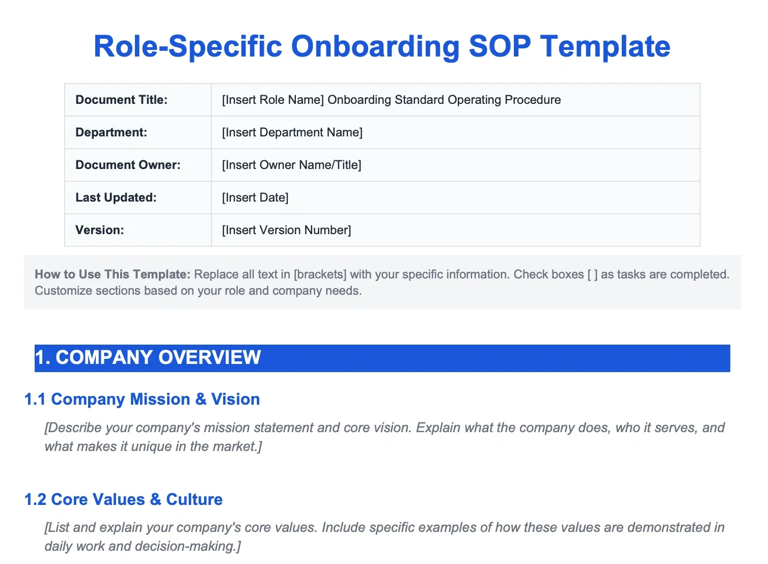 Role-specific onboarding SOP template with company overview and values