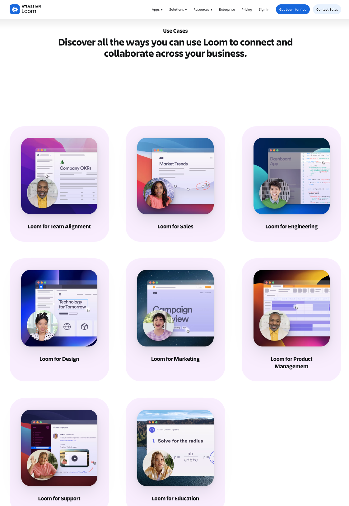 Loom's site mentions several use cases like Loom for Team Alignment, Loom for Sales, Loom for Engineering, Loom for Design, Loom for Marketing, Loom for Product Management, Loom for Support, and Loom for Education.