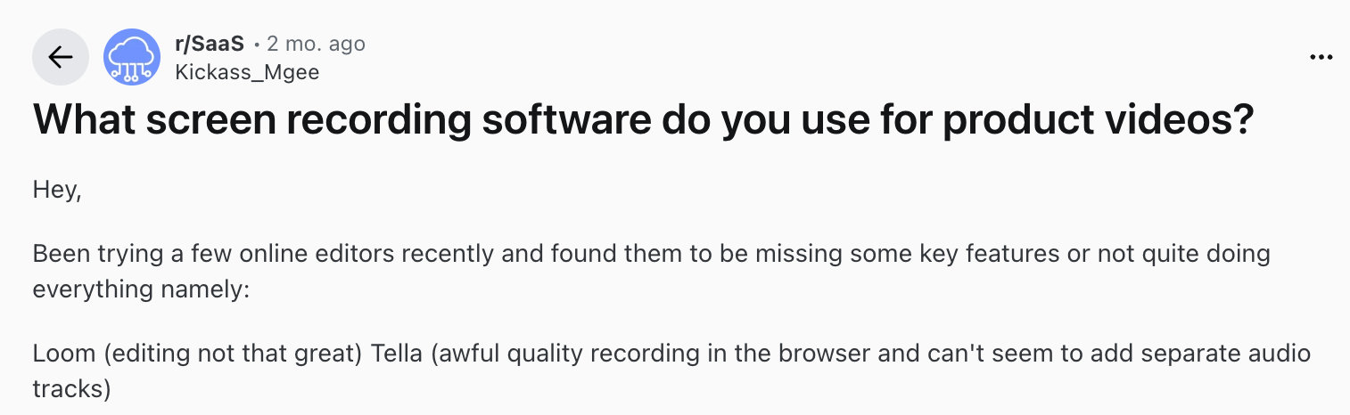 A Reddit user frustrated by Tella's browser recording quality looking for other recoerding software alternatives