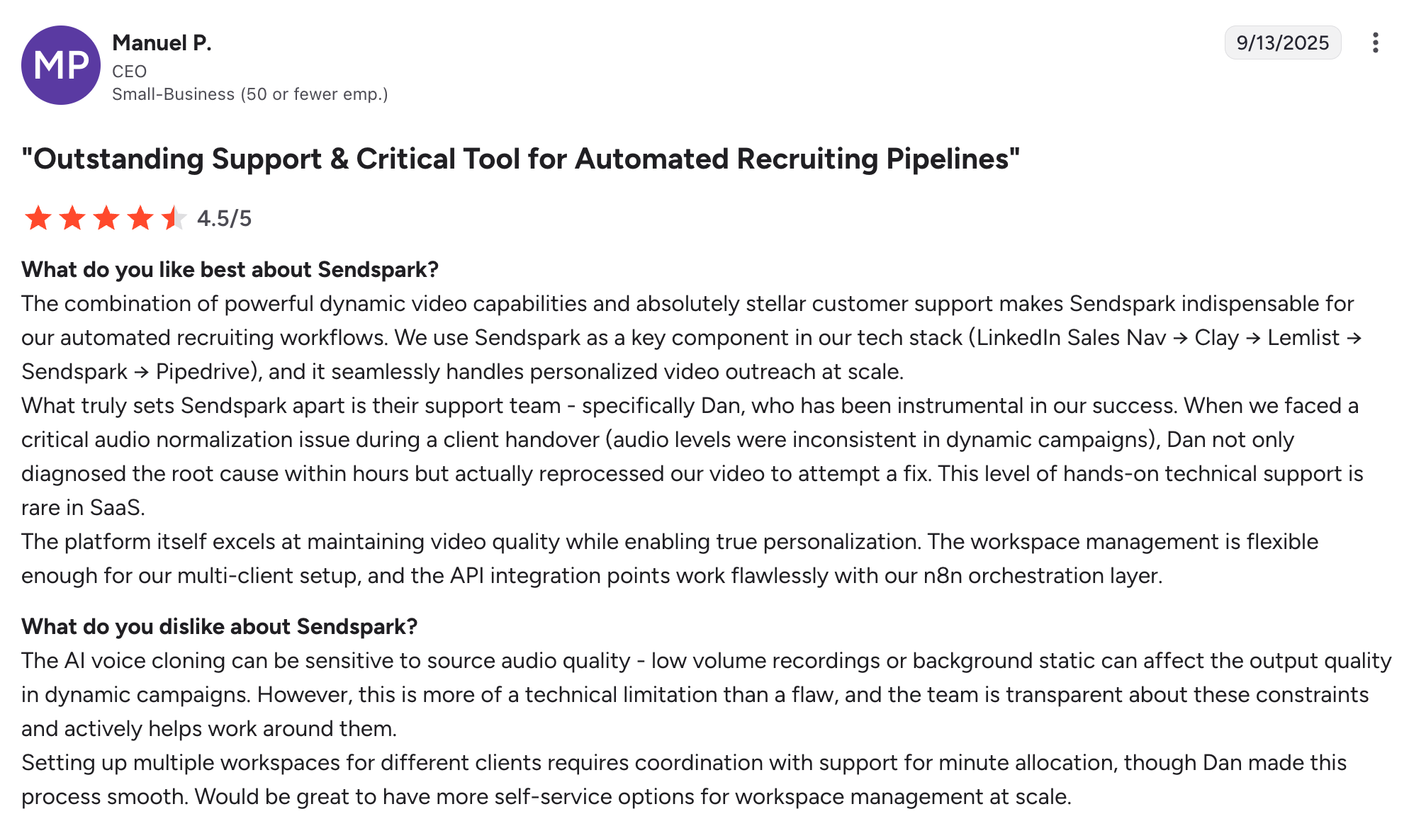 A Sendpark review on G2 that highlights its pros and cons