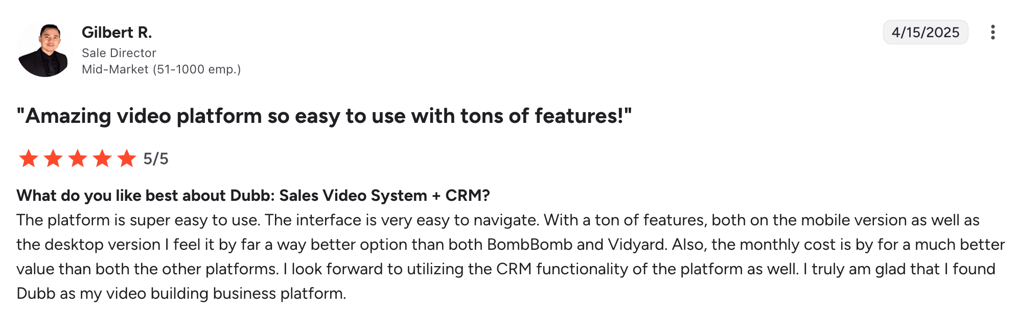 A g2 Review that highlights a user mentioning Dubb is better than Vidyard