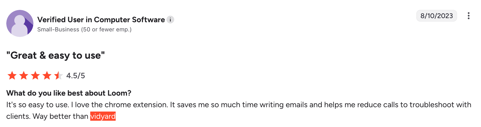 A user mentioning Loom is way better than Vidyard