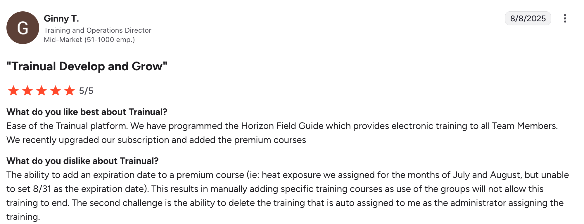 A g2 reviews where a users highlights the pros and cons of using Trainual as a scribehow alternative