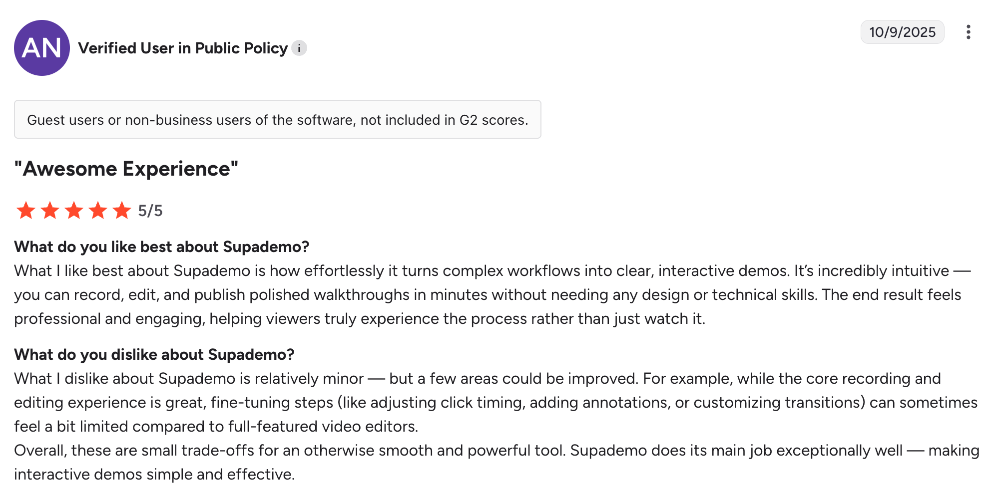 Supademo's pros outweigh its cons as highlighted by this user in their G2 review