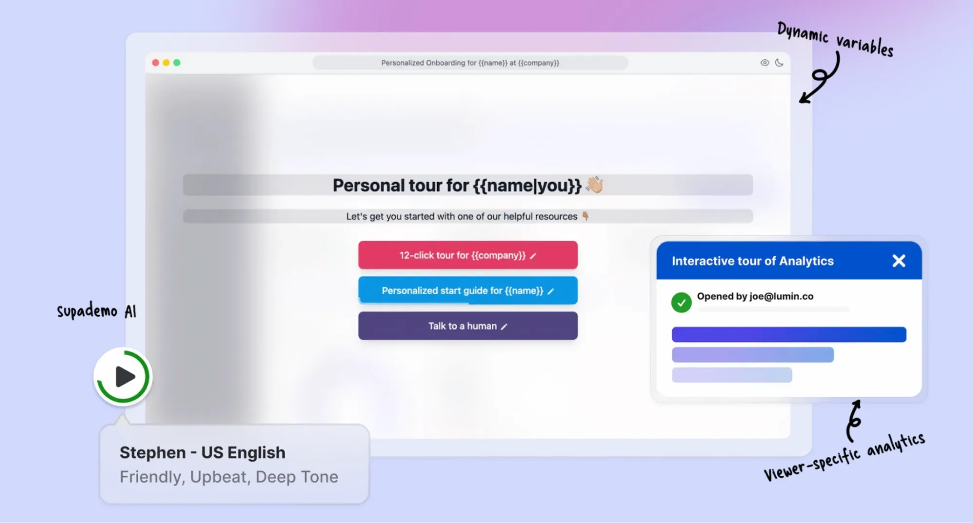 Supademo’s interface showing personalized demo with dynamic variables and viewer analytics