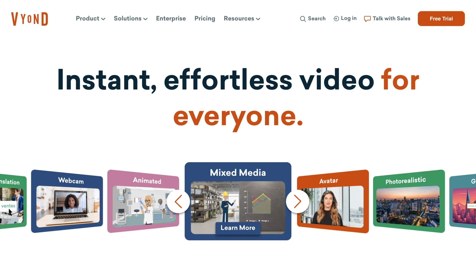 Vyond website featuring animation software with webcam, avatar, and mixed media options