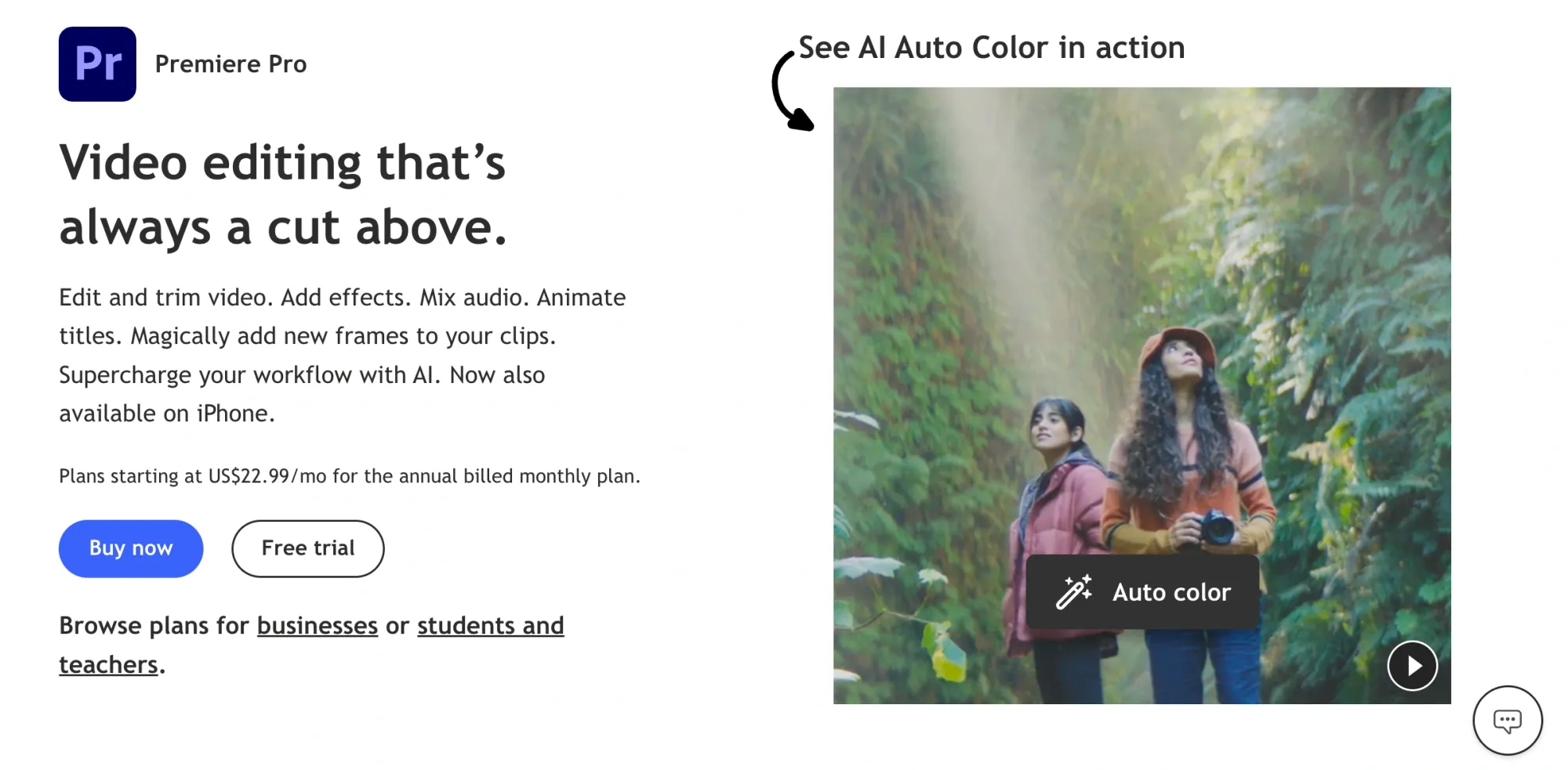 Adobe Premiere Pro landing page showing video editing features and AI tools