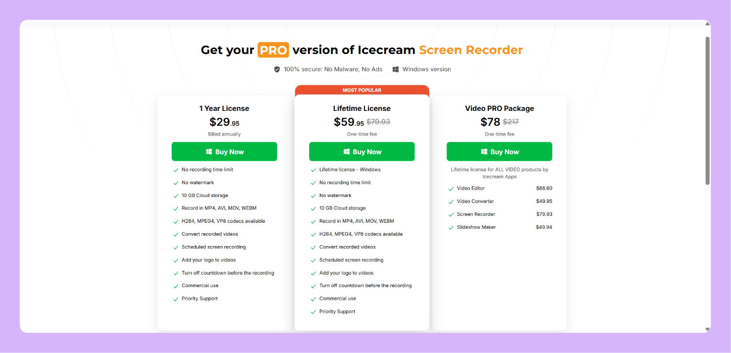 Icecrea Screen Recorder Pricing Page Screenshot