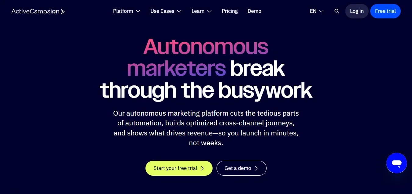 ActiveCampaign website displaying marketing automation messaging and demo option