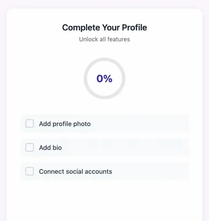 Complete your profile card displaying circular progress indicator and task checklist